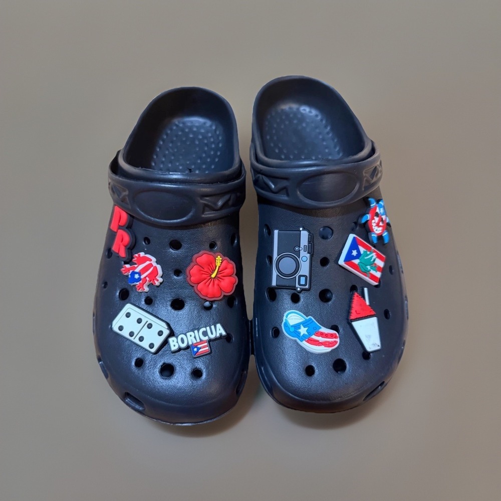 Puerto Rico Black Slides Shoe Charms Set Women Size 9 Boricua Accessories